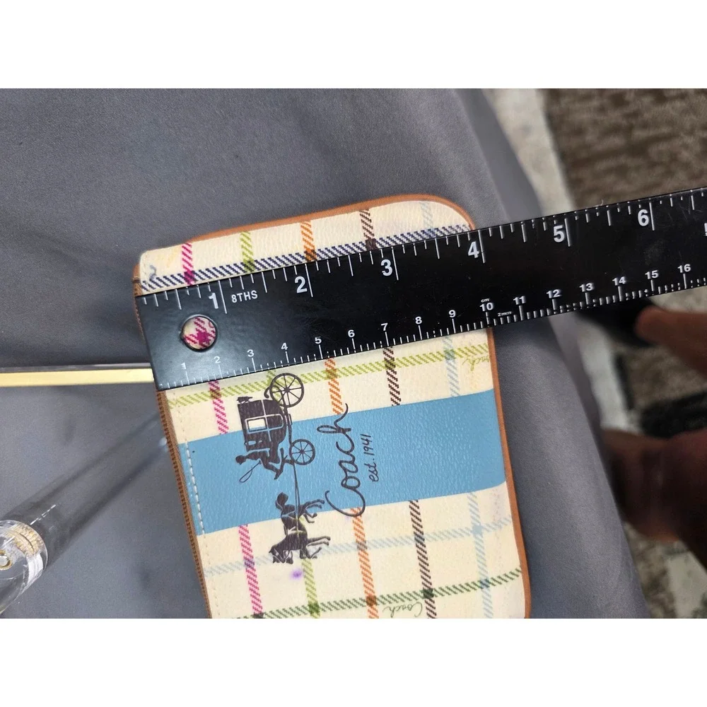 COACH Heritage Plaid Tattersall Stripe Horse & Carriage Wristlet Pouch Blue‎